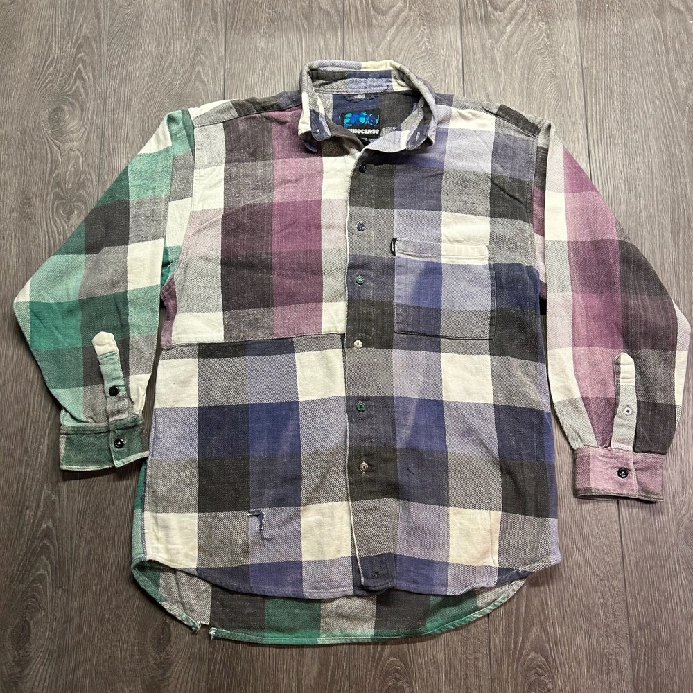 Vintage Rhinoceros Colorblock Plaid Flannel Shirt Mens XL Distressed Cotton